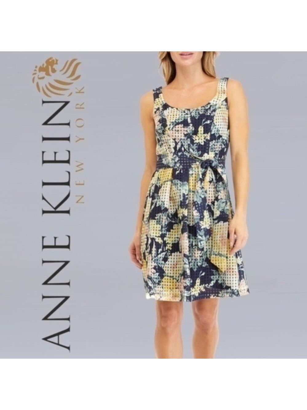 ANNE KLEIN Printed-Check-Organza Scoop Neck-Back Belted Fit & Flare Dress NWT